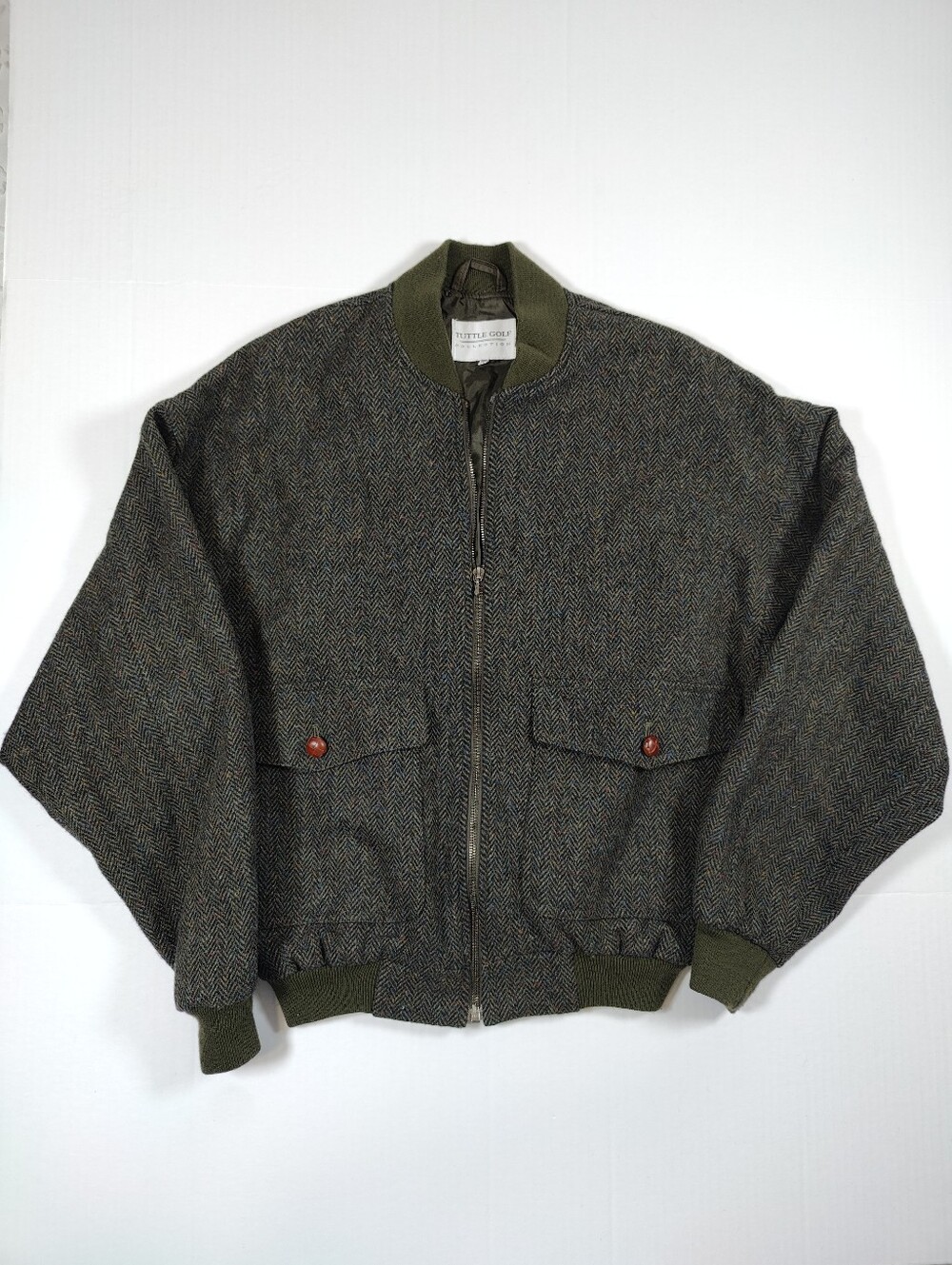 Vintage Tuttle Golf Green Herringbone 100% Wool Bomber Jacket Size 38 ~M